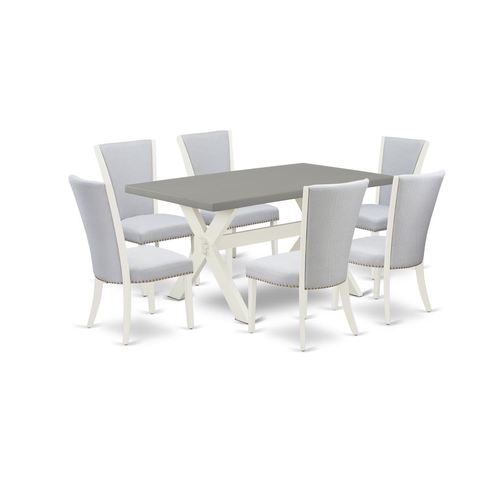 East West Furniture 7-Pc Modern Dining Table Set Consists of 6 Mid Century Modern Dining Chairs with Upholstered Seat -Rectangular Wood Dining Table - Cement and Wirebrushed Linen White Finish