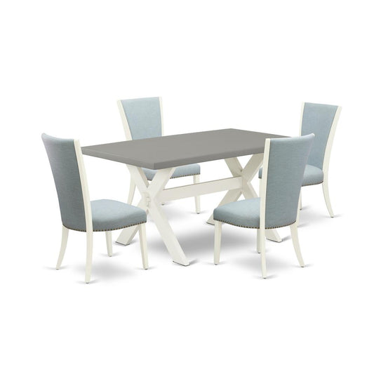 East West Furniture X096VE215-5 5 Piece Dining Table Set - 4 Baby Blue Linen Fabric Parson Dining Chairs with Nailheads and Cement Wooden Dining Table - Linen White Finish