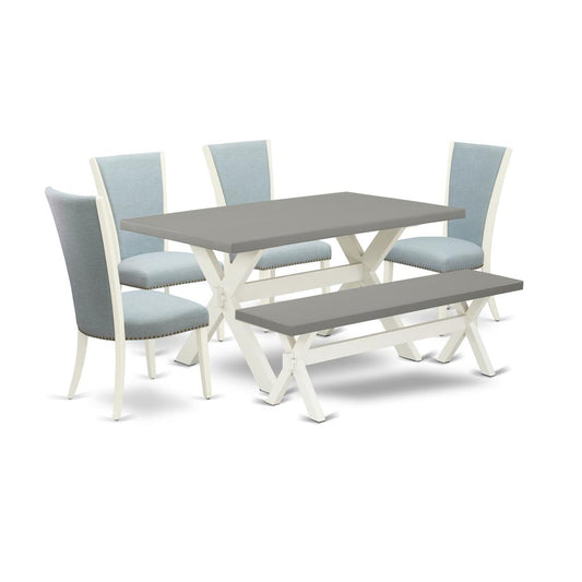 East West Furniture X096VE215-6 6 Piece Modern Dining Table Set - 4 Baby Blue Linen Fabric Parson Dining Chairs with Nailheads and Cement Kitchen Table - 1 Small Bench - Linen White Finish