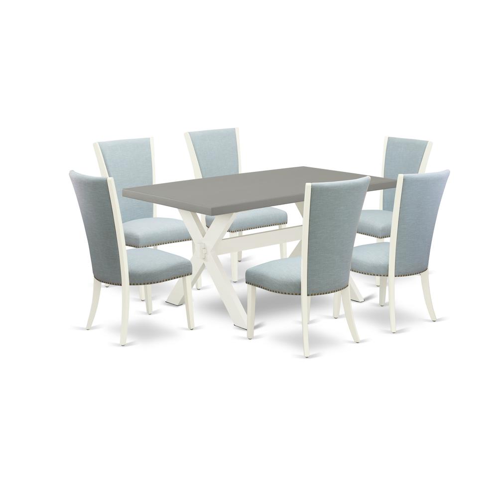 East West Furniture X096VE215-7 7 Piece Dining Room Table Set - 6 Baby Blue Linen Fabric Parson Dining Chairs with Nailheads and Cement Mid Century Dining Table - Linen White Finish