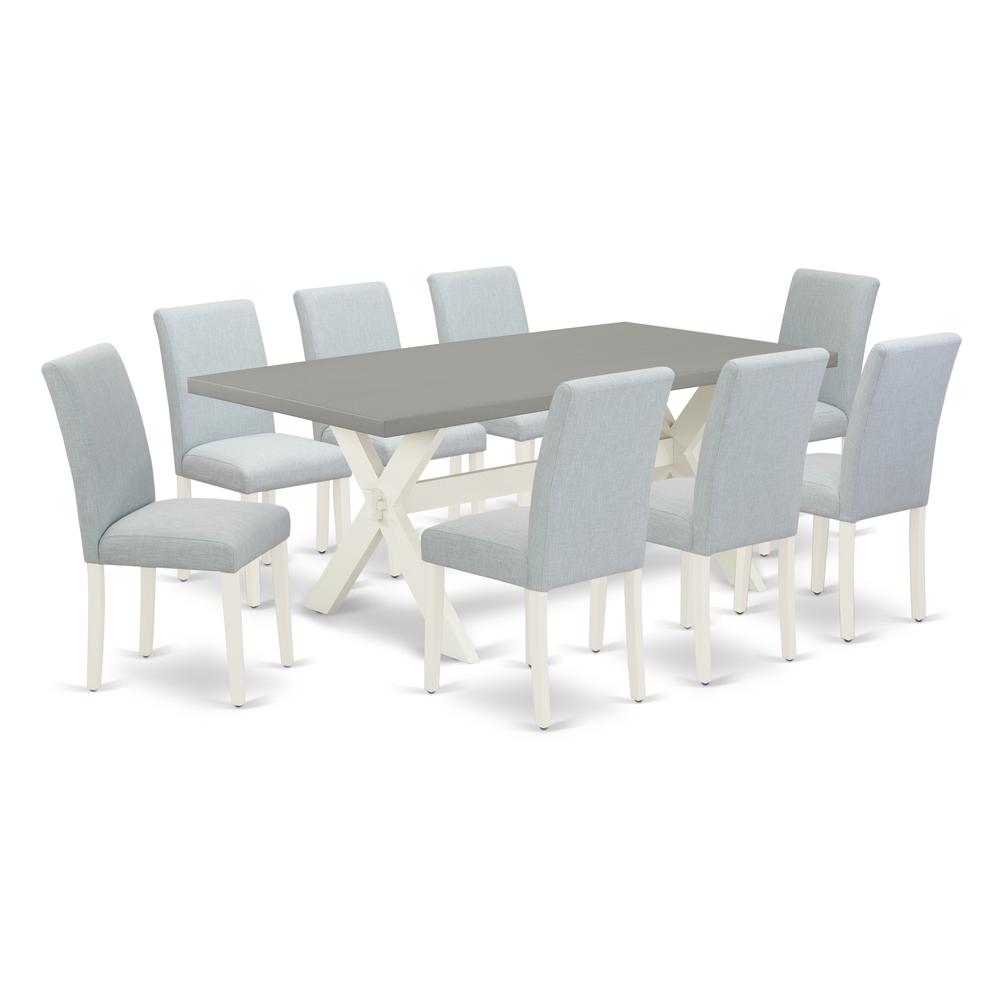 East West Furniture 9-Piece Dining Table Set Includes 8 Dining Room Chairs with Upholstered Seat and High Back and a Rectangular Breakfast Table - Linen White Finish