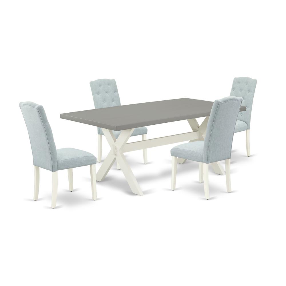 East West Furniture 5-Pc Dining Table Set- 4 Parson Chairs with Baby Blue Linen Fabric Seat and Button Tufted Chair Back - Rectangular Table Top & Wooden Cross Legs - Cement and Linen White Finish