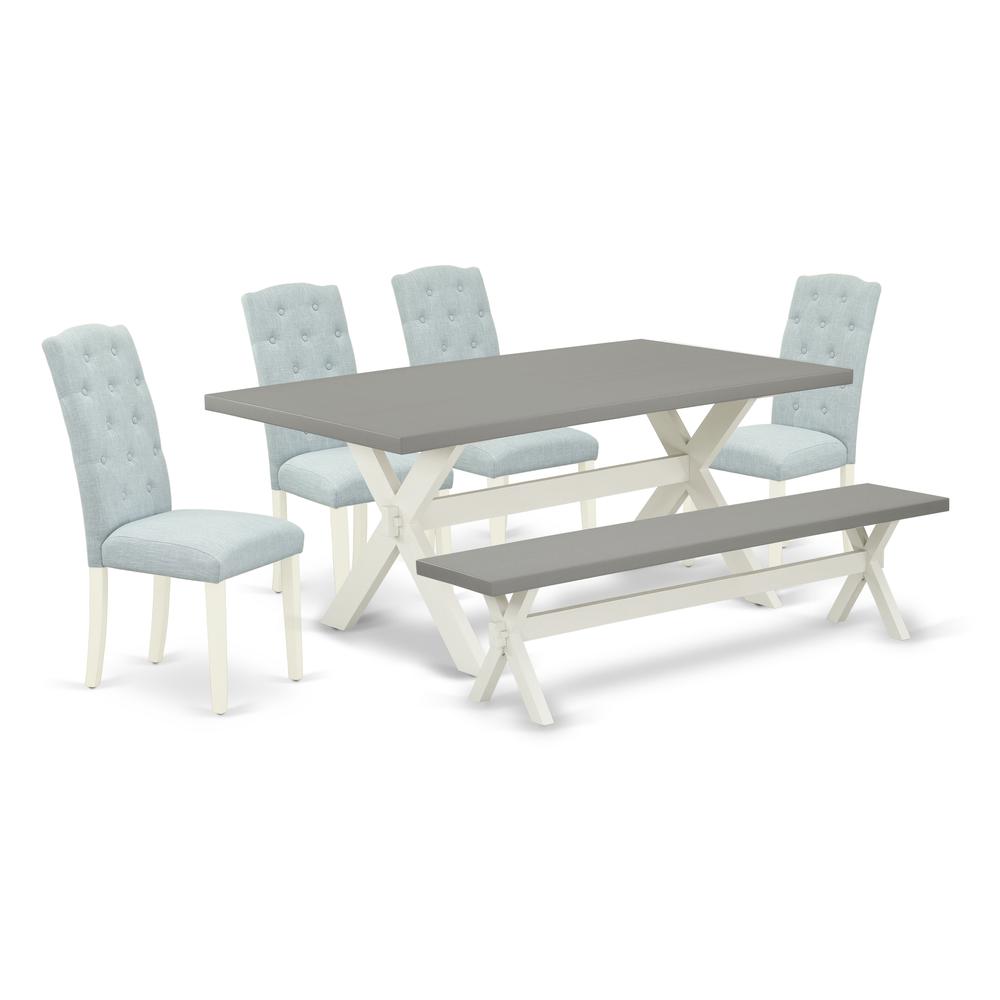 East West Furniture 6-Piece Dining Table Set- 4 Parson Dining Chairs with Baby Blue Linen Fabric Seat and Button Tufted Chair Back - Rectangular Top & Wooden Cross Legs Dining table and dining bench -