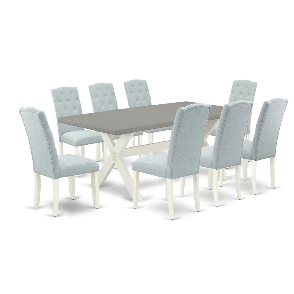 East West Furniture 9-Piece Dinette Set- 8 Parson Dining Chairs with Baby Blue Linen Fabric Seat and Button Tufted Chair Back - Rectangular Table Top & Wooden Cross Legs - Cement and Linen White Finis