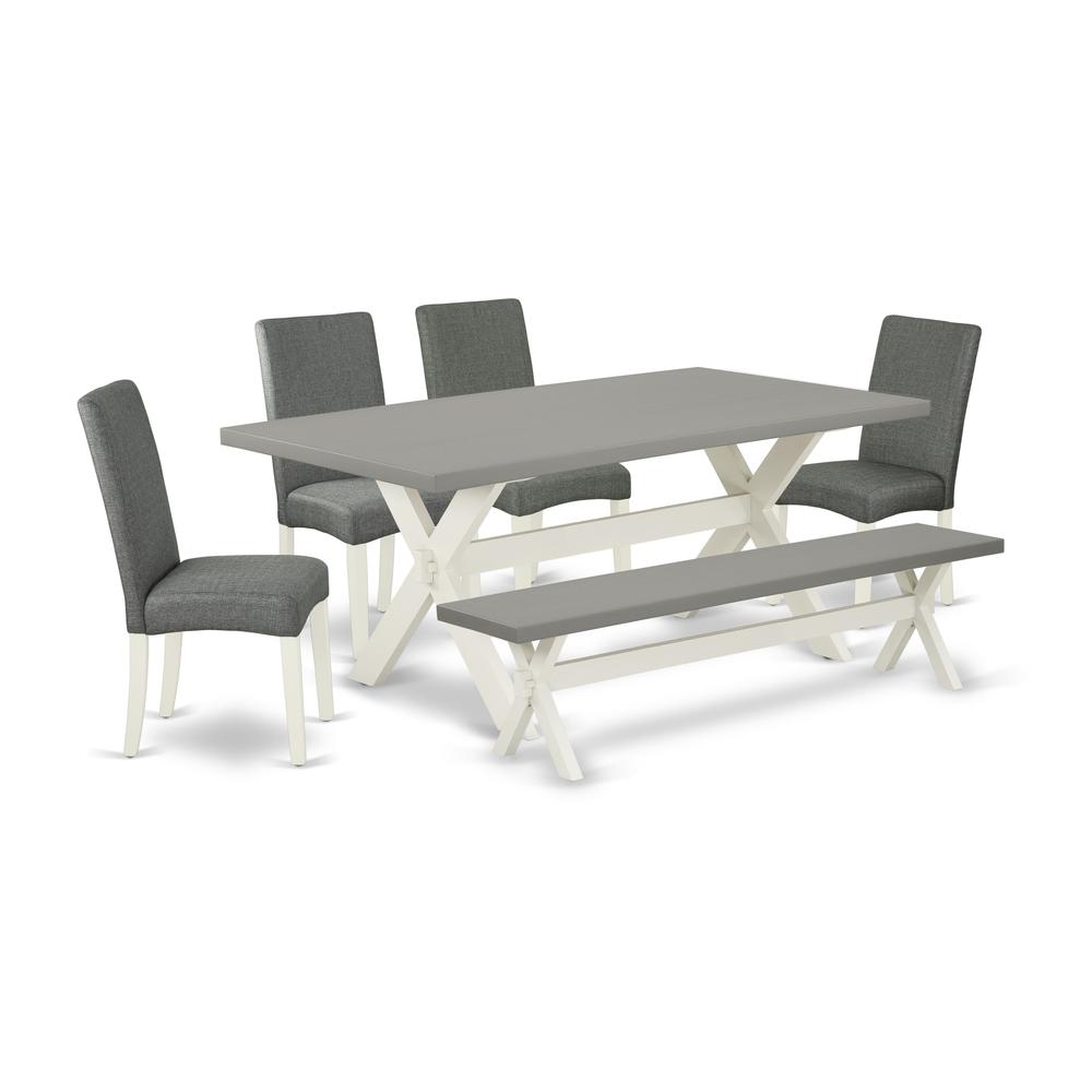 East West Furniture X097DR207-6 6-Pc Dinette Set - 4 Kitchen Parson Chairs, a Dining Table Bench Cement Top and 1 Modern Cement Dining Table Top with High Chair Back - Linen White Finish