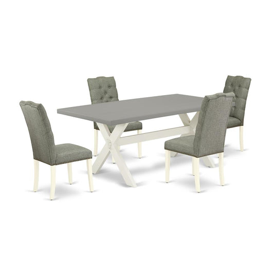 East West Furniture 5-Piece Dining Room Table Set- 4 padded parson chairs with Smoke Linen Fabric Seat and Button Tufted Chair Back - Rectangular Table Top & Wooden Cross Legs - Cement and Linen White