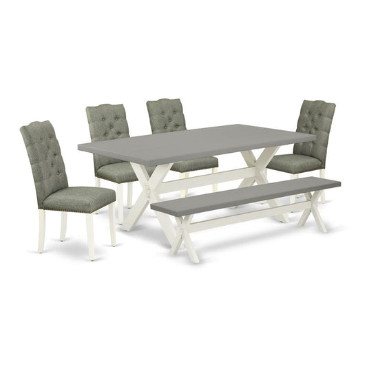 East West Furniture 6-Pc Dinette Room Set- 4 Parson Chairs with Smoke Linen Fabric Seat and Button Tufted Chair Back - Rectangular Top & Wooden Cross Legs Dining Room Table and Small Bench - Cement an