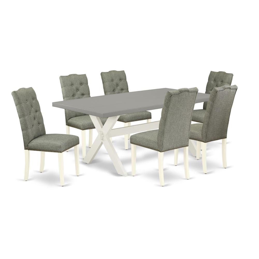 East West Furniture 7-Pc Kitchen Dining Room Set- 6 padded parson chairs with Smoke Linen Fabric Seat and Button Tufted Chair Back - Rectangular Table Top & Wooden Cross Legs - Cement and Linen White