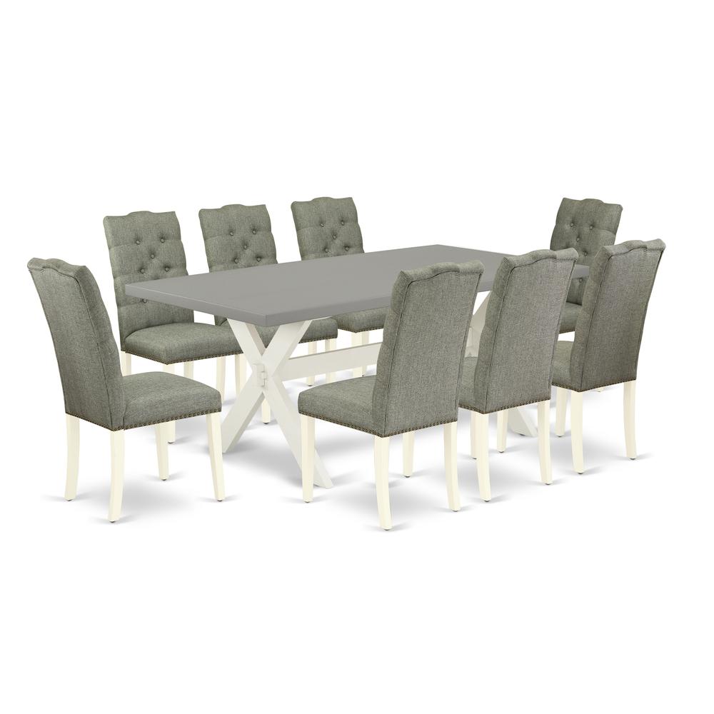 East West Furniture 9-Pc Dinette Set- 8 Parson Dining Chairs with Smoke Linen Fabric Seat and Button Tufted Chair Back - Rectangular Table Top & Wooden Cross Legs - Cement and Linen White Finish