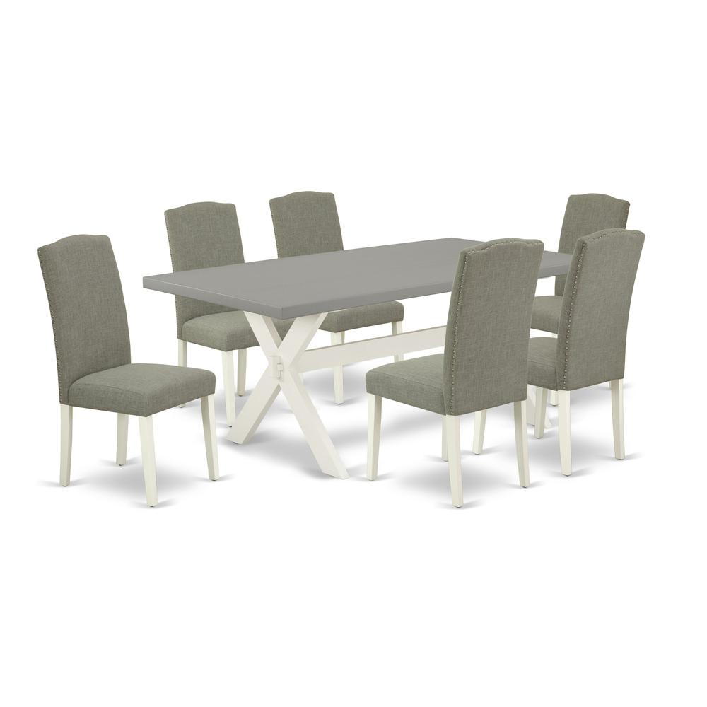 East West Furniture 7-Piece Stylish Dining Table Set an Excellent Cement Color Dining Room Table Top and 6 Attractive Linen Fabric Kitchen Chairs with Nail Heads and Stylish Chair Back, Linen White Fi