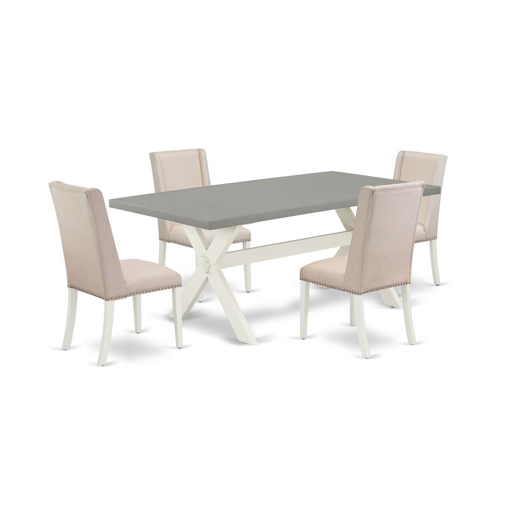 East West Furniture X097FL201-5 5-Piece Modern Dinette Set an Excellent Cement Color Dining Table Top and 4 Gorgeous Linen Fabric Kitchen Chairs with Nail Heads and Stylish Chair Back, Linen White Fin