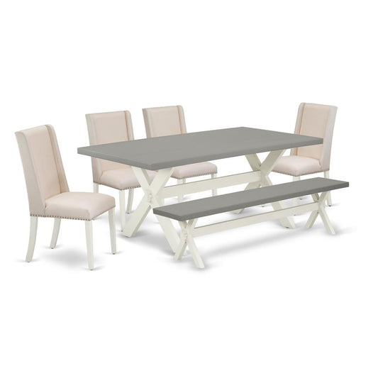 East West Furniture X097FL201-6 6-Piece Amazing Dining Table Set a Premium Quality Cement Color rectangular Table Top and Cement Color Small Bench and 4 Beautiful Linen Fabric Parson Chairs with Nail