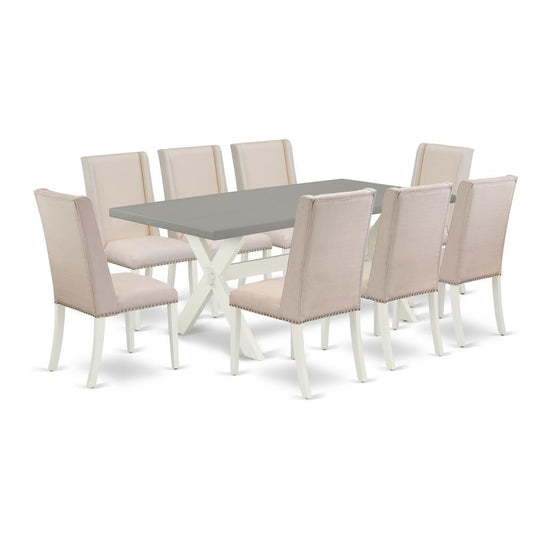 East West Furniture X097FL201-9 9-Piece Amazing Dining Table Set a Great Cement Color Wood Dining Table Top and 8 Stunning Linen Fabric Parson Chairs with Nail Heads and Stylish Chair Back, Linen Whit