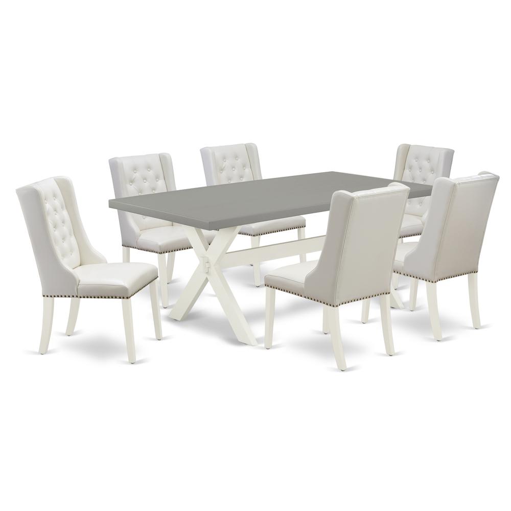 East West Furniture X097FO244-7 7-Piece Kitchen Table Set Consists of 6 White Pu Leather Upholstered Dining Chairs with Nailheads and Modern Dining Table - Linen White Finish