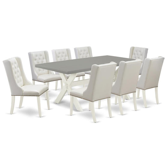 East West Furniture X097FO244-9 9-Piece Dining Room Set Consists of 8 White Pu Leather Dining Chairs Button Tufted with Nail heads and Modern Kitchen Table - Linen White Finish