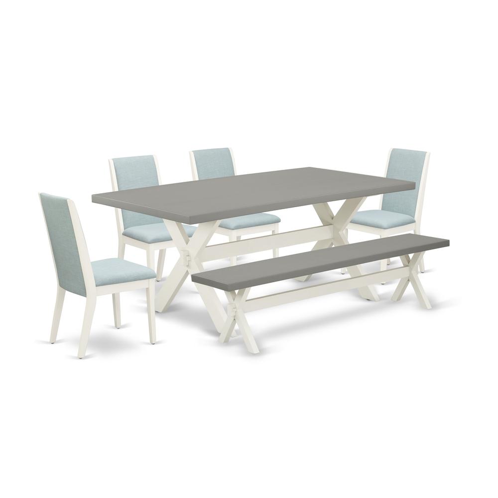 East West Furniture X097LA015-6 6-Piece Awesome Rectangular Dining Room Table Set an Excellent Cement Color Rectangular Dining Table Top and Cement Color Small Bench and 4 Awesome Linen Fabric Kitchen