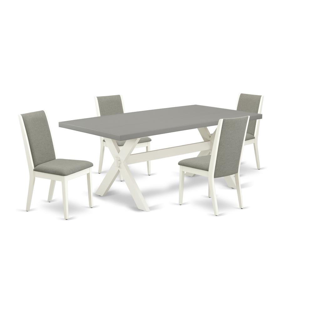 East West Furniture X097LA206-5 5-Piece Fashionable Dining Room Table Set a Superb Cement Color Wood Table Top and 4 Linen Fabric Wonderful Padded Chairs with Stylish Chair Back, Linen White Finish