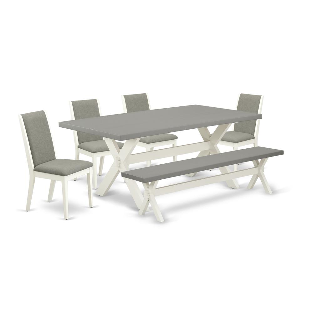 East West Furniture X097LA206-6 6-Piece Gorgeous Rectangular Table Set an Outstanding Cement Color Rectangular Dining Table Top and Cement Color Dining Room Bench and 4 Excellent Linen Fabric Dining C