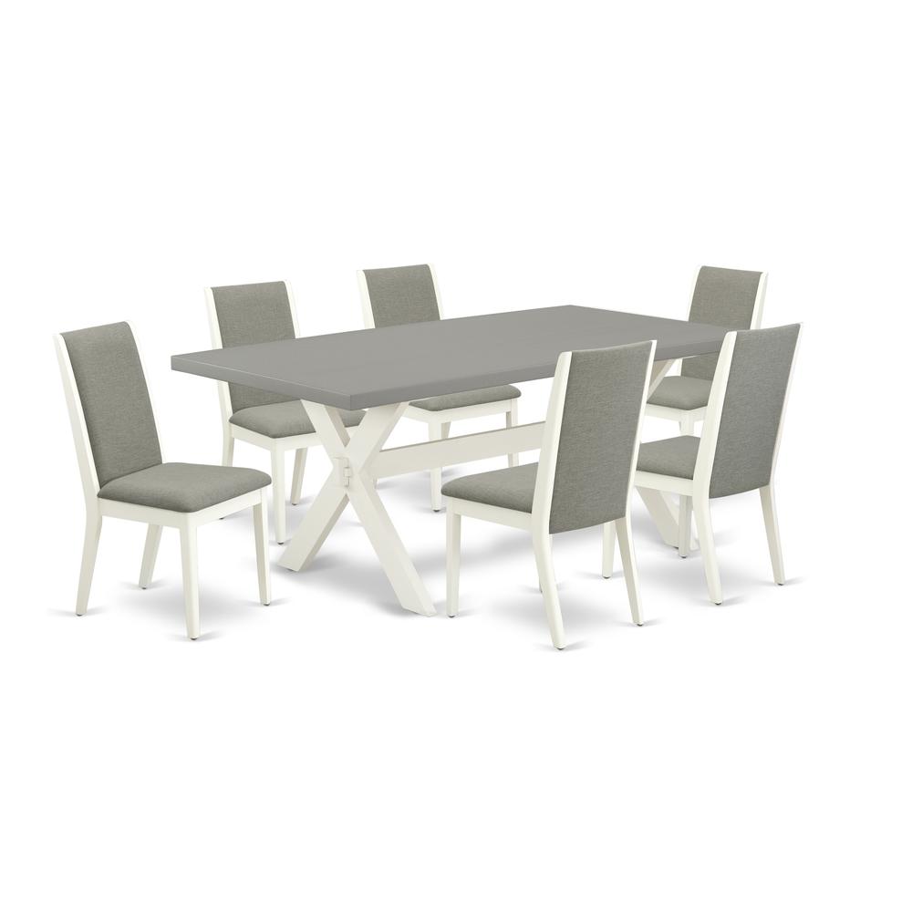 East West Furniture X097LA206-7 7-Piece Modern Rectangular Table Set an Outstanding Cement Color Dining Table Top and 6 Awesome Linen Fabric Parson Dining Chairs with Stylish Chair Back, Linen White F