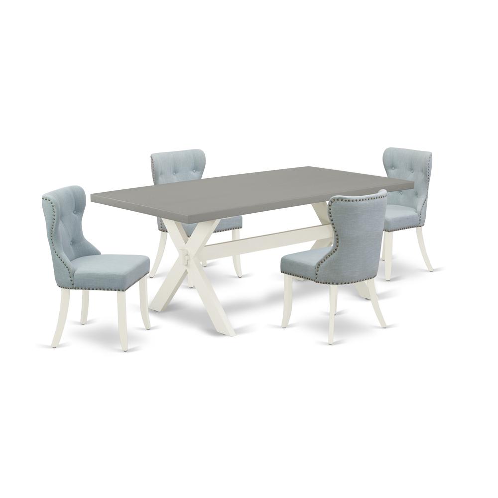 East West Furniture X097SI215-5 5-Pc Kitchen Dining Room Set- 4 Dining Room Chairs with Baby Blue Linen Fabric Seat and Button Tufted Chair Back - Rectangular Table Top & Wooden Cross Legs - Cement an