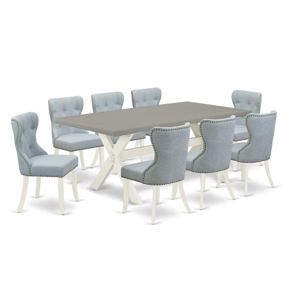 East West Furniture X097SI215-9 9-Piece Dining Table Set- 8 Upholstered Dining Chairs with Baby Blue Linen Fabric Seat and Button Tufted Chair Back - Rectangular Table Top & Wooden Cross Legs - Cement