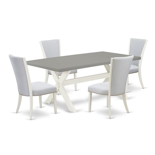 East West Furniture 5-Pc Dinette Set Includes 4 Dining Room Chairs with Upholstered Seat and Stylish Back-Rectangular Modern Kitchen Table - Cement and Wirebrushed Linen White Finish