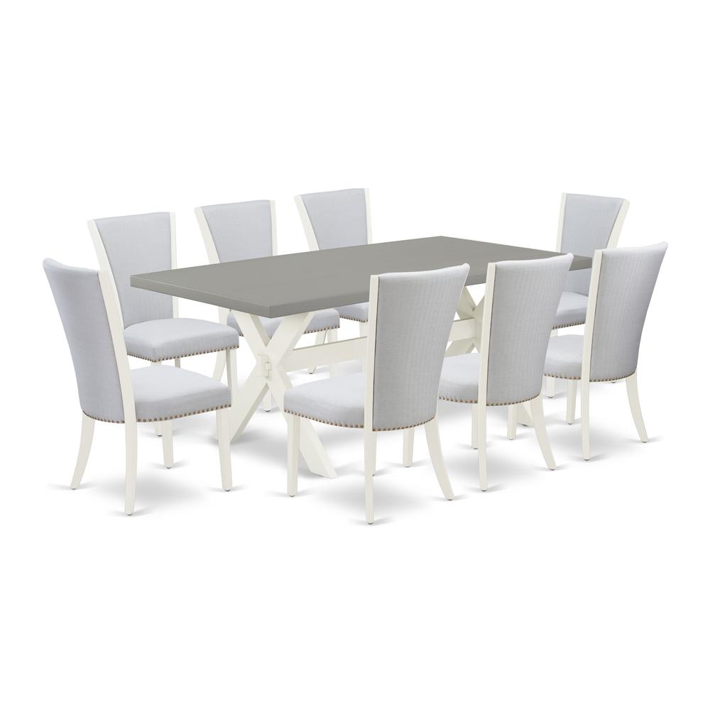 East West Furniture 9-Piece Dining Room Set Includes 8 Mid Century Dining Chairs with Upholstered Seat and Stylish Back-Rectangular Dining Room Table - Cement and Wirebrushed Linen White Finish