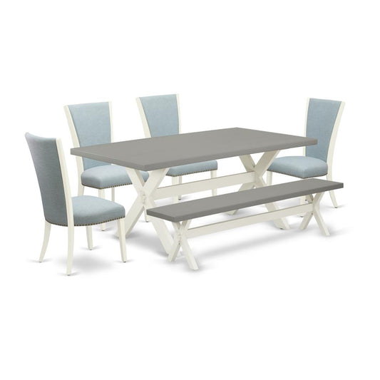 East West Furniture X097VE215-6 6 Piece Dining Set - 4 Baby Blue Linen Fabric Dining Chair with Nailheads and Cement Dining Table - 1 Wooden Bench - Linen White Finish