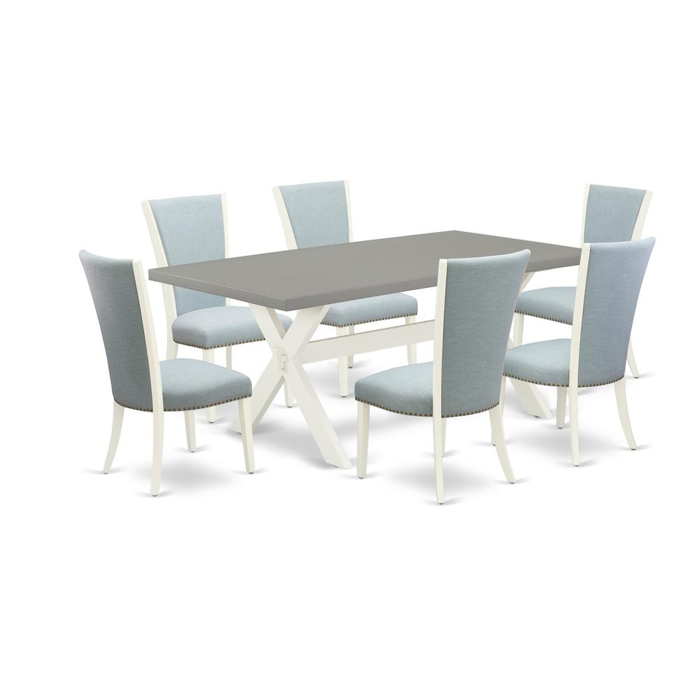 East West Furniture X097VE215-7 7 Piece Dining Table Set - 6 Baby Blue Linen Fabric Dining Room Chairs with Nail Heads and Cement Dinner Table - Linen White Finish