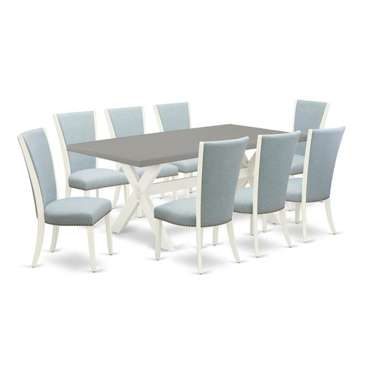 East West Furniture X097VE215-9 9 Piece Kitchen Table Set - 8 Baby Blue Linen Fabric Dinning Room Chairs with Nailheads and Cement Wooden Table - Linen White Finish