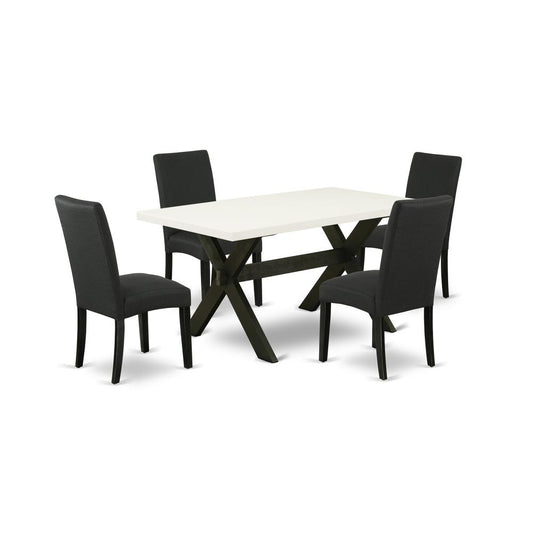 East West Furniture X626DR124-5 5-Pc Dining Table Set- 4 Parson Dining Chairs with Black Linen Fabric Seat and Stylish Chair Back - Rectangular Table Top & Wooden Cross Legs - Linen White and Black Fi