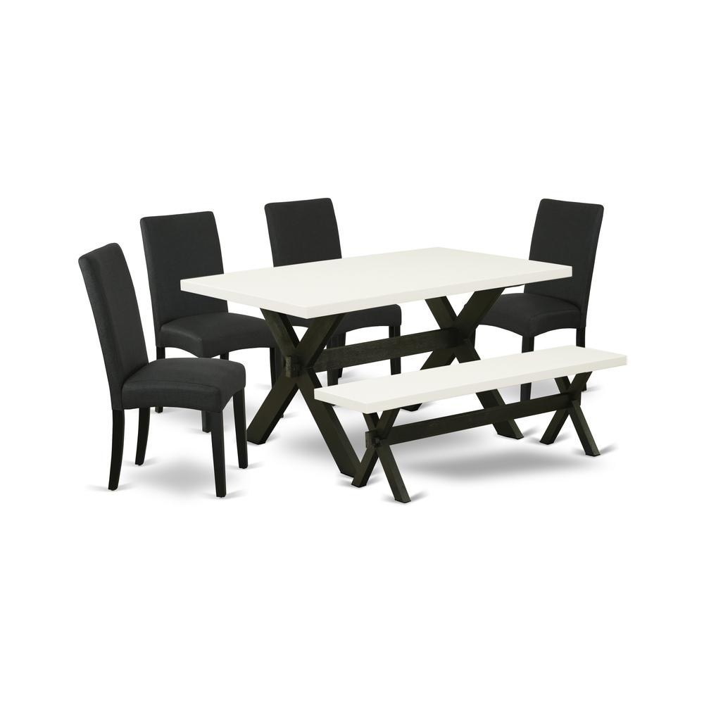 East West Furniture X626DR124-6 6-Pc Dinette Room Set- 4 Parson Dining Chairs with Black Linen Fabric Seat and Stylish Chair Back - Rectangular Top & Wooden Cross Legs Dining Table and Wooden Dining B