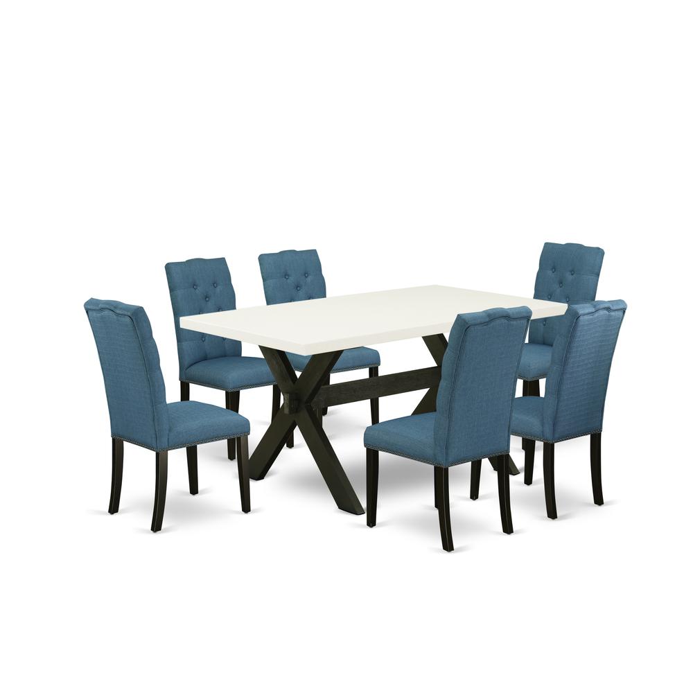 East West Furniture X626EL121-7 7-Piece Stylish Dining Room Table Set an Outstanding Linen White rectangular Table Top and 6 Beautiful Linen Fabric Parson Chairs with Nail Heads and Button Tufted Chai