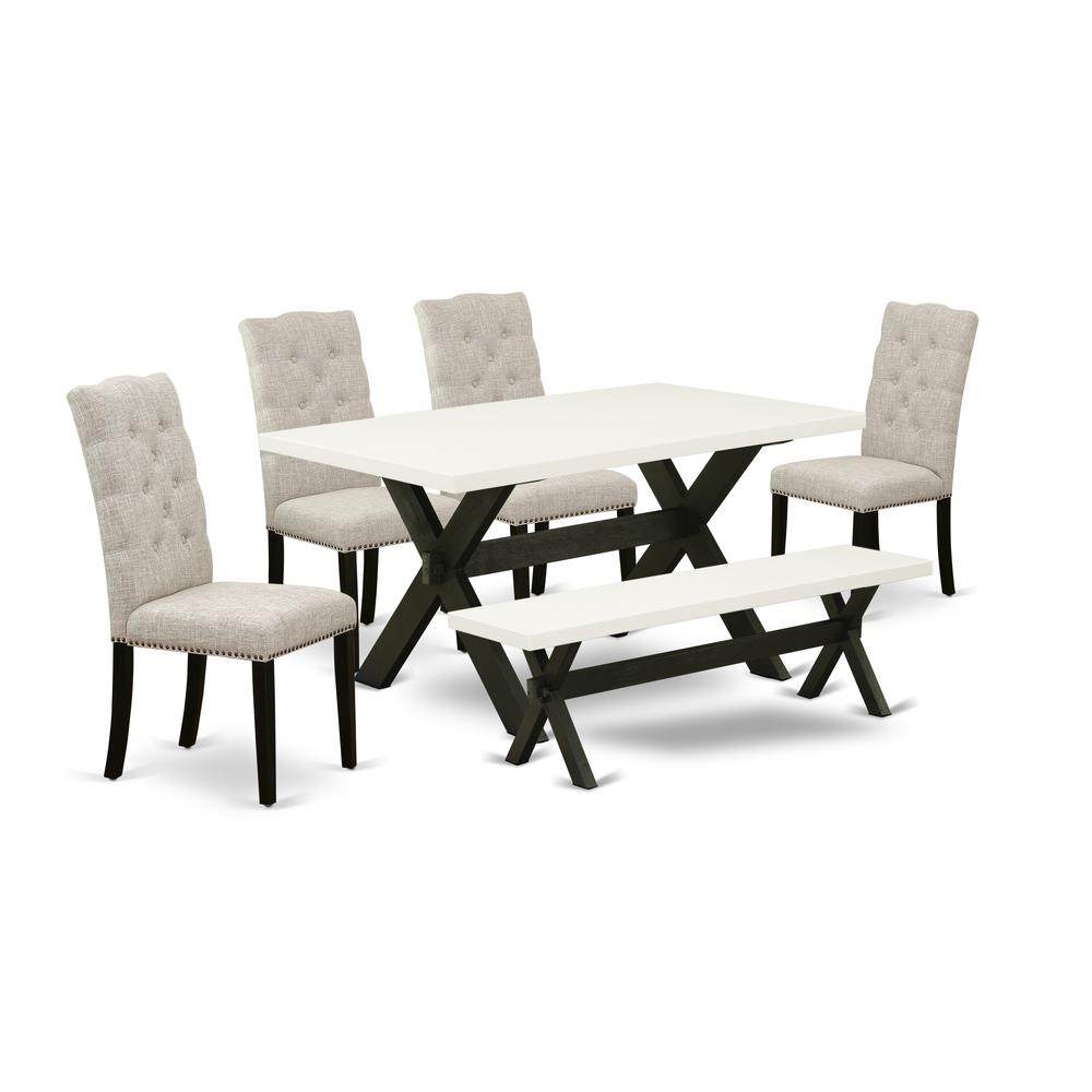 East West Furniture 6-Pc Dining room Table Set-Doeskin Linen Fabric Seat and Button Tufted Chair Back Parson chairs, A Rectangular Bench and Rectangular Top Mid Century Dining Table with Hardwood Legs