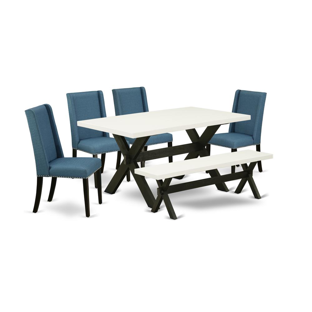 East West Furniture X626FL121-6 6-Piece Gorgeous Dinette Set a Superb Linen White Color dining table Top and Linen White Color Kitchen Bench and 4 Stunning Linen Fabric Dining Chairs with Nail Heads a