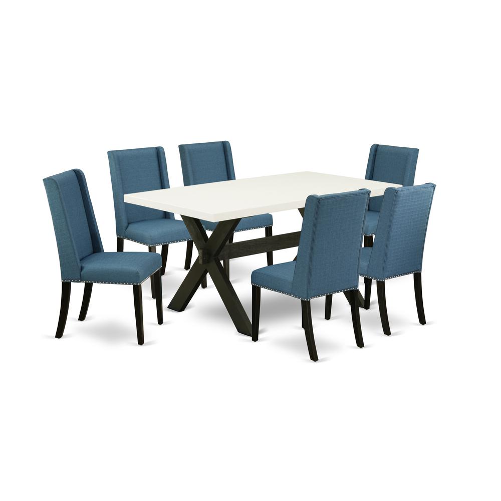 East West Furniture X626FL121-7 7-Piece Awesome a Good Linen White Dining Table Top and 6 Attractive Linen Fabric Padded Parson Chairs with Nail Heads and Stylish Chair Back, Wire Brushed Black Finish