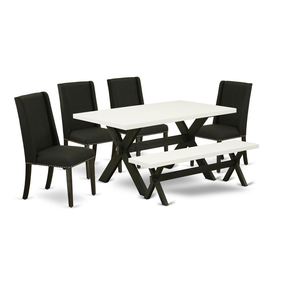 East West Furniture 6-Pc -Black Linen Fabric Seat and High Stylish Chair Back Parson chairs, A Rectangular Bench and Rectangular Top Modern Dining Table with Solid Wood Legs - Linen White and Wire bru