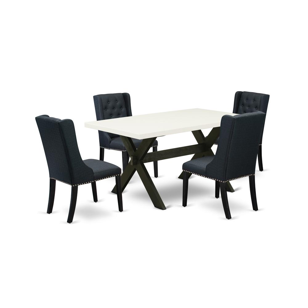 East West Furniture X626FO624-5 5 Piece Dining Table Set Includes 4 Black Linen Fabric Padded Chair with Button Tufted and Linen White Dining Room Table - Wire Brush Black Finish