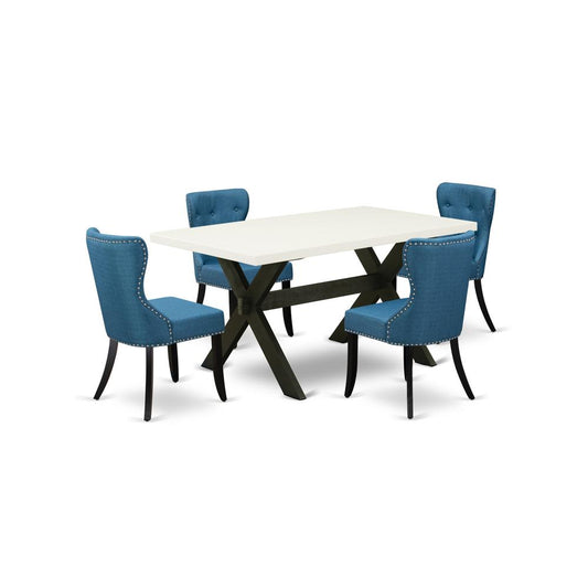 East West Furniture X626SI121-5 5-Piece Dining Room Table Set- 4 Parson Dining Room Chairs with Blue Linen Fabric Seat and Button Tufted Chair Back - Rectangular Table Top & Wooden Cross Legs - Linen