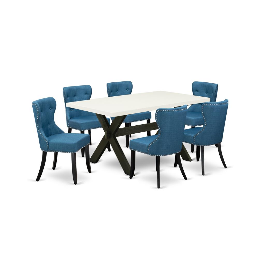 East West Furniture X626SI121-7 7-Pc Dining Table Set- 6 Parson Chairs with Blue Linen Fabric Seat and Button Tufted Chair Back - Rectangular Table Top & Wooden Cross Legs - Linen White and Black Fini