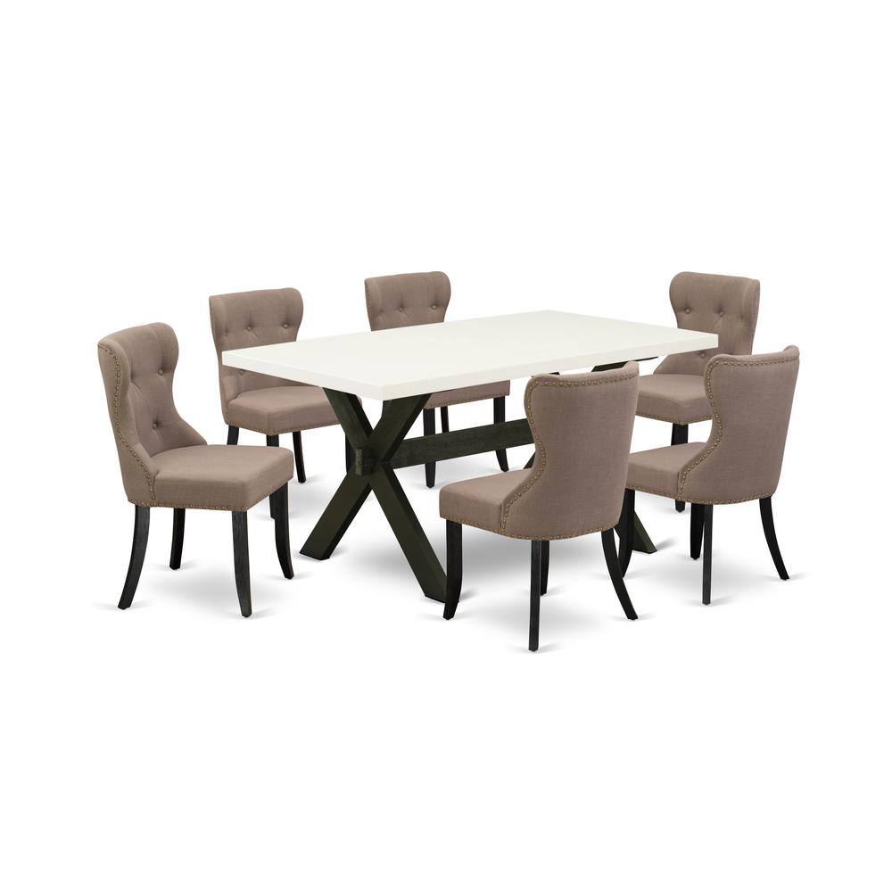 East West Furniture 7-Piece Dining Set-Coffee Linen Fabric Seat and Button Tufted Back Kitchen Chairs and Rectangular Top Dinner Table with Wood Legs - Linen White and Wirebrushed Black Finish