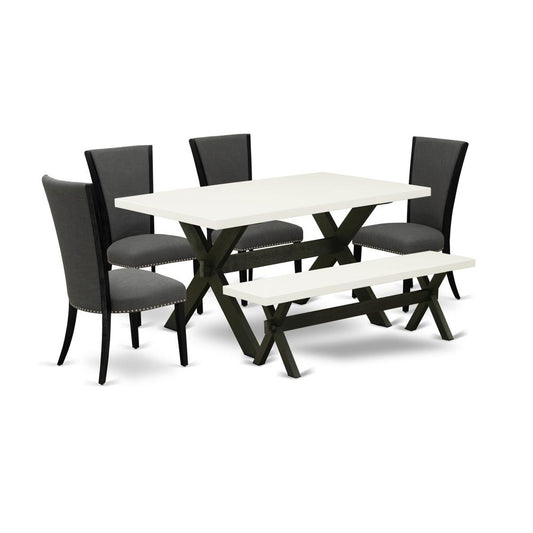 East West Furniture X626VE650-6 6 Piece Kitchen Table Set - 4 Dark Gotham Grey Linen Fabric Chairs for Dining Room with Nailheads and Linen White Wooden Dining Table - 1 Modern Bench - Black Finish