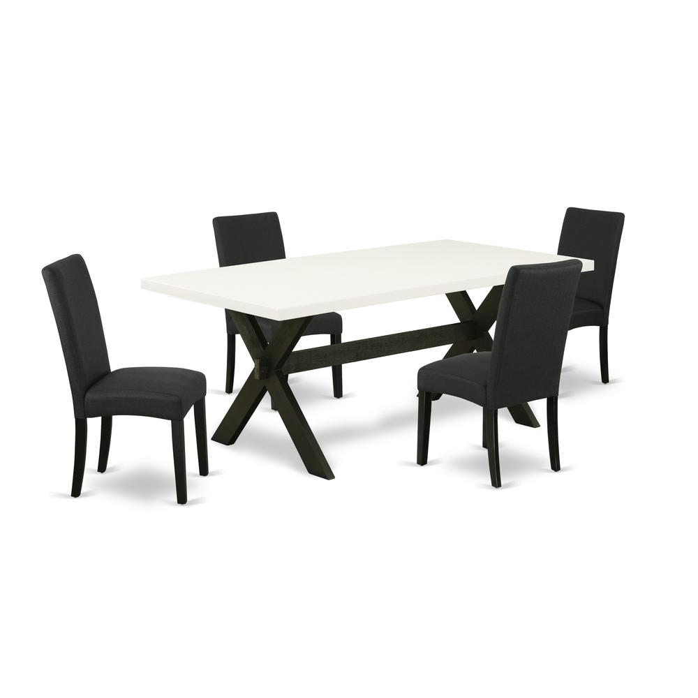 East West Furniture X627DR124-5 5-Piece Modern Dining Set- 4 Parson Chairs with Black Linen Fabric Seat and Stylish Chair Back - Rectangular Table Top & Wooden Cross Legs - Linen White and Black Finis