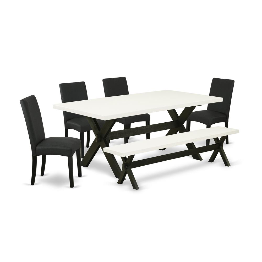 East West Furniture X627DR124-6 6-Pc Modern Dining Set- 4 Parson Dining Room Chairs with Black Linen Fabric Seat and Stylish Chair Back - Rectangular Top & Wooden Cross Legs Mid Century Dining Table a