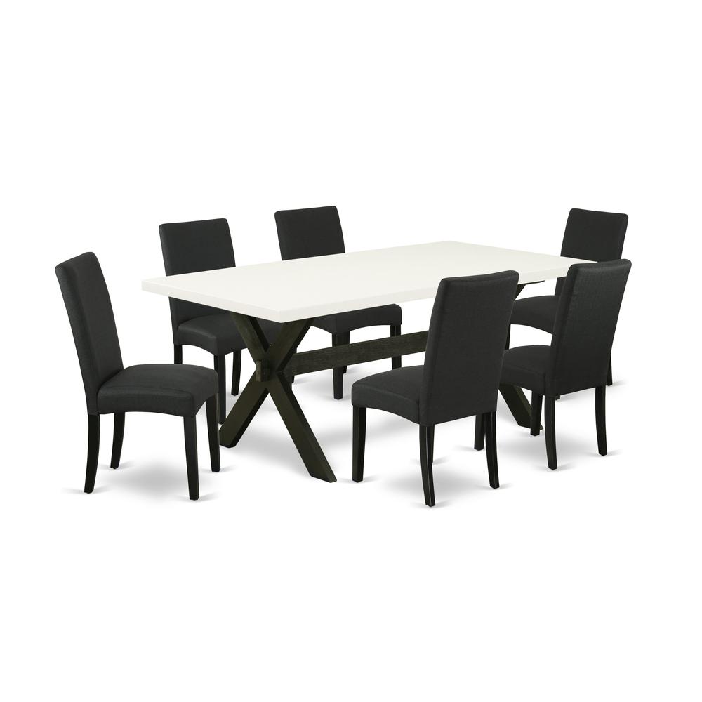 East West Furniture X627DR124-7 7-Piece Dining Room Table Set- 6 Upholstered Dining Chairs with Black Linen Fabric Seat and Stylish Chair Back - Rectangular Table Top & Wooden Cross Legs - Linen White