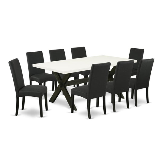 East West Furniture X627DR124-9 9-Pc Kitchen Dining Set- 8 Upholstered Dining Chairs with Black Linen Fabric Seat and Stylish Chair Back - Rectangular Table Top & Wooden Cross Legs - Linen White and B