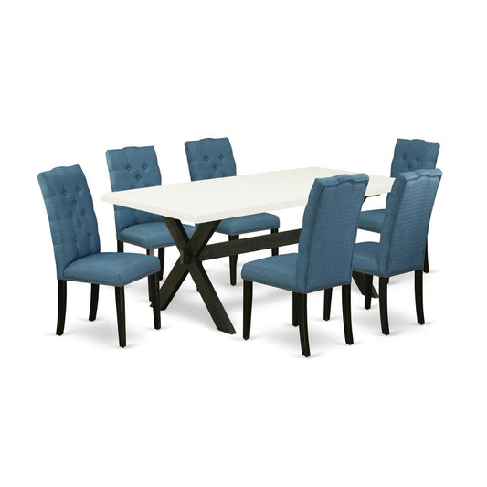 East West Furniture X627EL121-7 7-Piece Beautiful Dining Room Set an Excellent Linen White Kitchen Rectangular Table Top and 6 Excellent Linen Fabric Kitchen Chairs with Nail Heads and Button Chair Ba