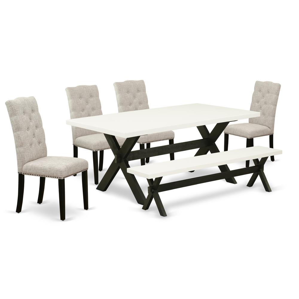 East West Furniture 6-Piece Mid Century Dining Table Set-Doeskin Linen Fabric Seat and Button Tufted Chair Back Upholstered Dining chairs, A Rectangular Bench and Rectangular Top dining table with Woo