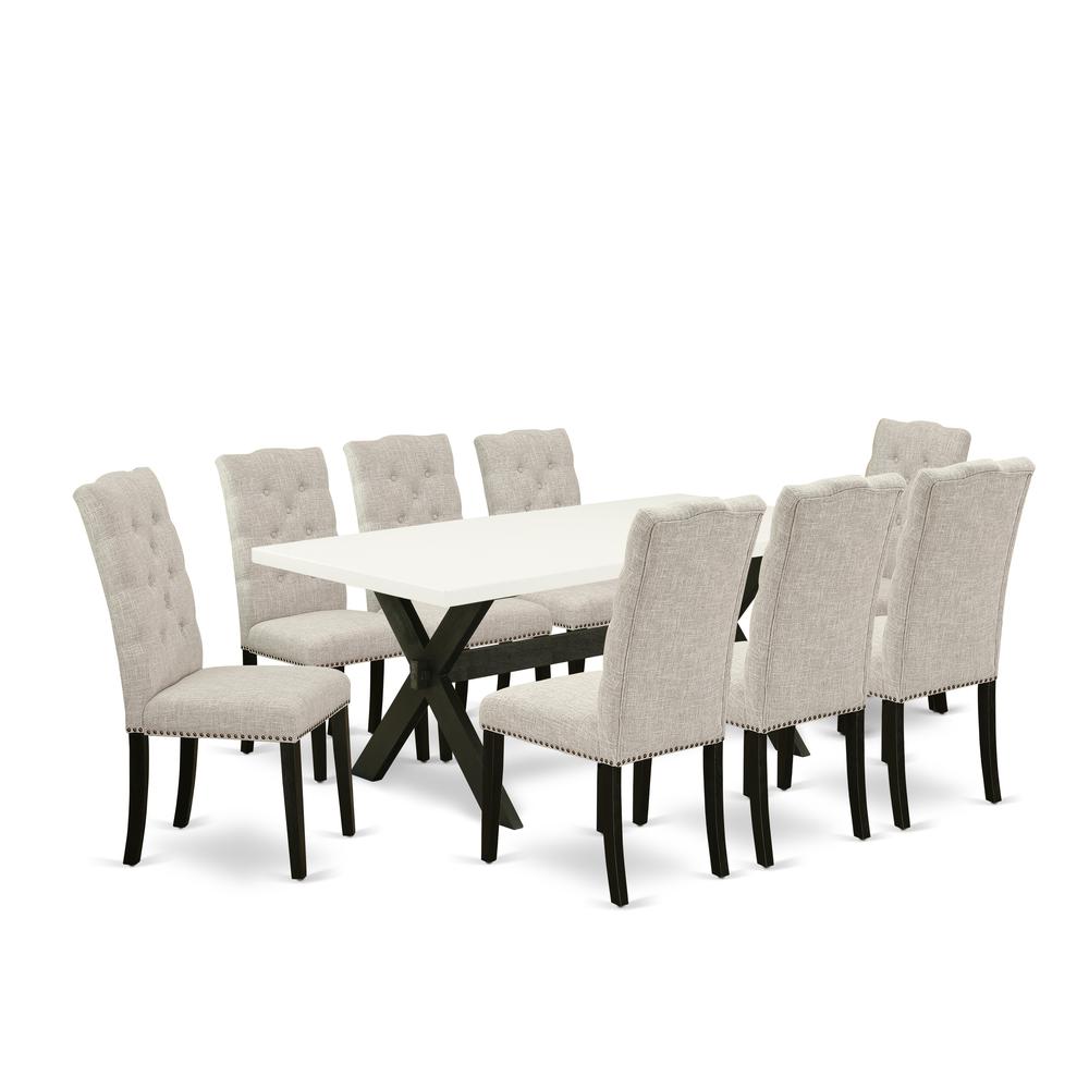 East West Furniture X627EL635-9 - 9-Piece Dining Table Set - 8 Person Dining Chairs and Rectangular Table Solid Wood Frame – High Back Button tufted