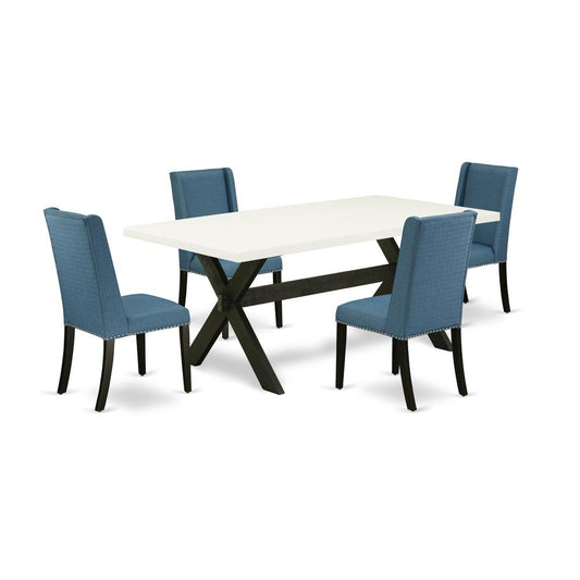 East West Furniture X627FL121-5 5-Piece Beautiful Modern Dining Table Set a Great Linen White Kitchen Table Top and 4 Awesome Linen Fabric Padded Parson Chairs with Nail Heads and Stylish Chair Back,